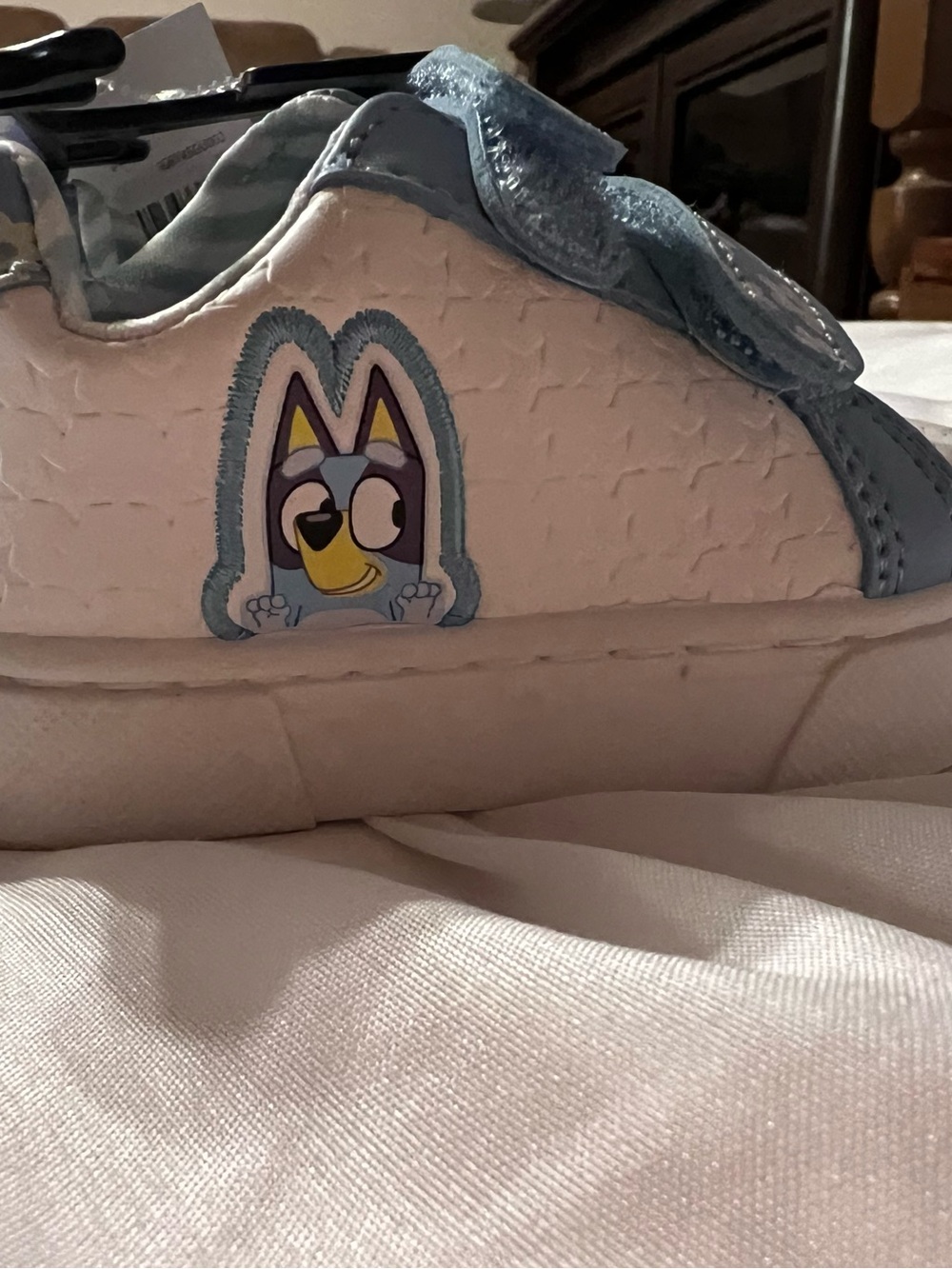 White and Light Blue Kids Sneakers with Cartoon Pup Accent